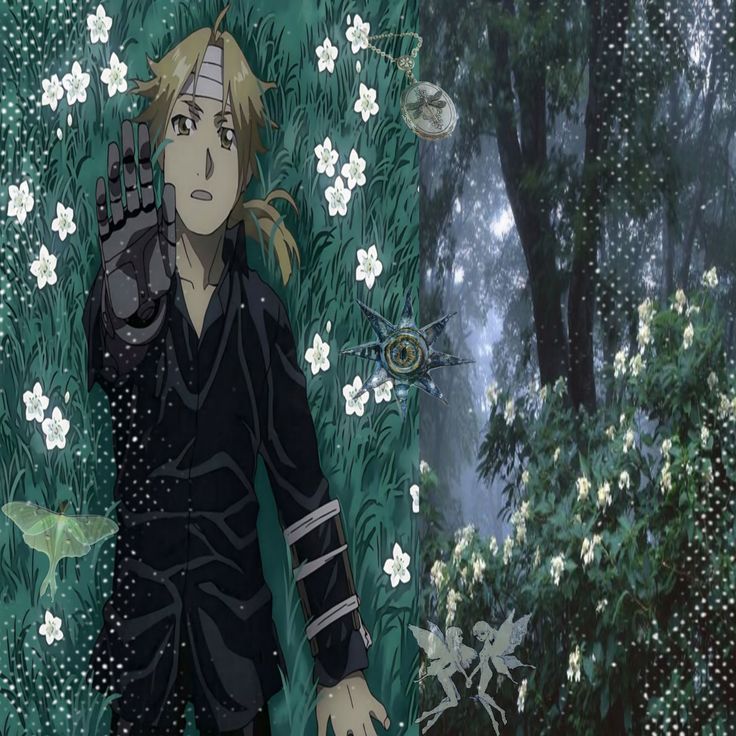 Edward Elric in a dark forest surrounded by white flowers in an anime illustration