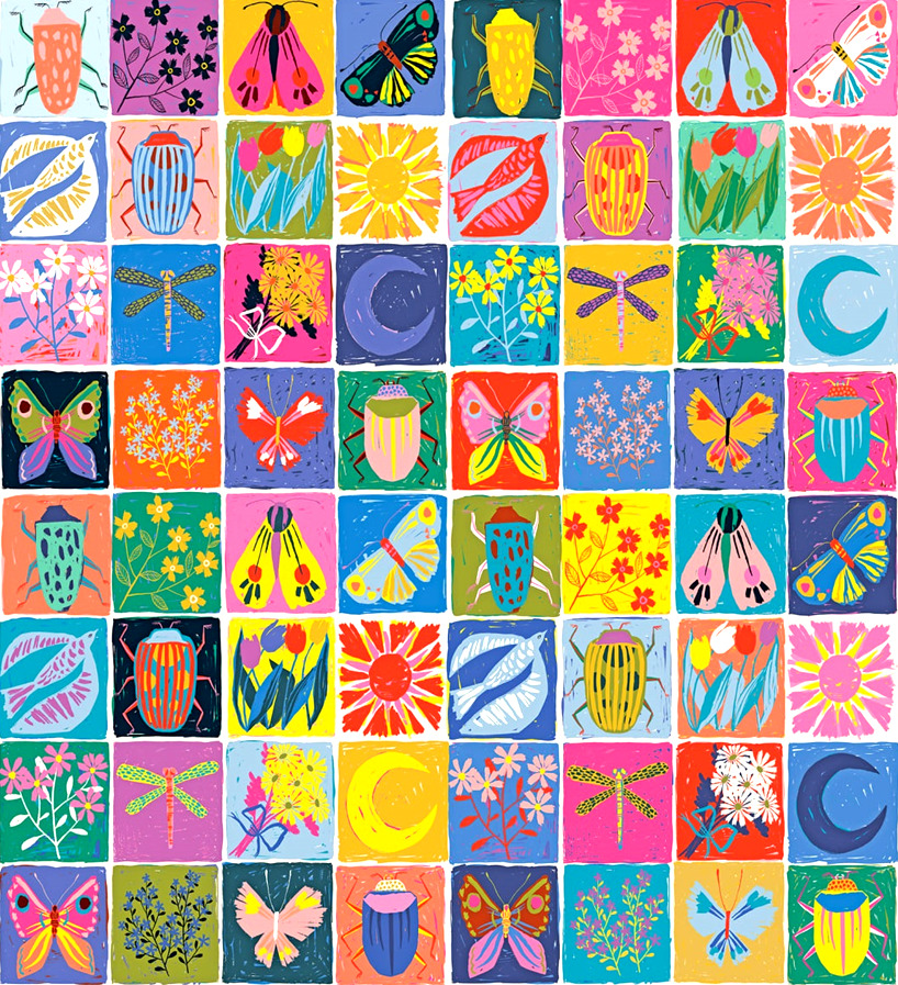 Colorful quilt-like grid of squares with insects, flowers, suns, and crescent moons