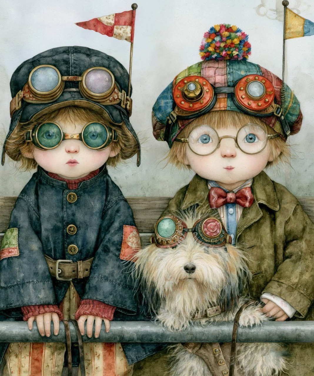 Two children wearing vintage aviator goggles pose behind a railing with a shaggy dog.