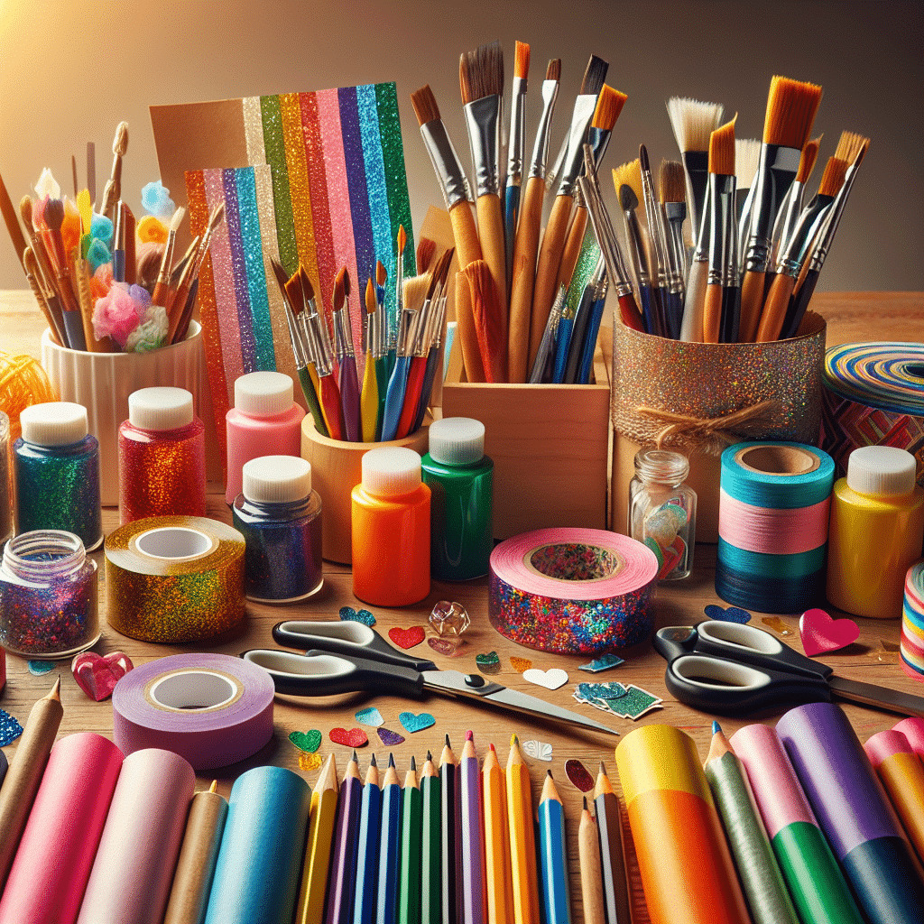 Colorful art supplies including paintbrushes, paint jars, colored pencils, glitter tape, and craft materials on a table