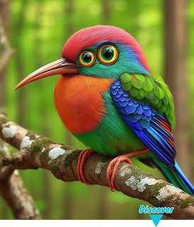 Colorful illustrated tropical bird with rainbow feathers and large yellow eyes perched on a branch