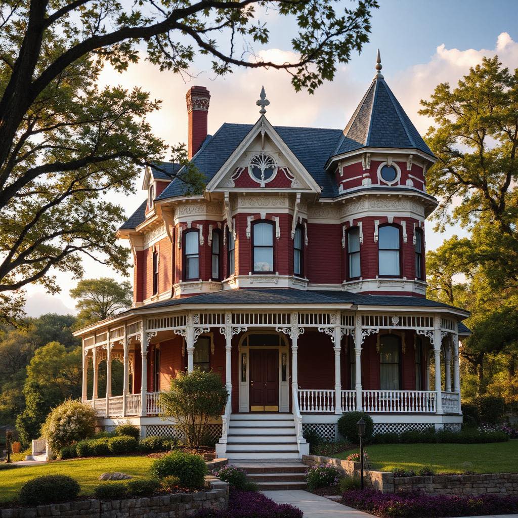 Victorian mansion with red brick, turret, and white wraparound porch surrounded by trees