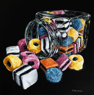 Painting of assorted colorful candies spilling from a glass jar on a black background