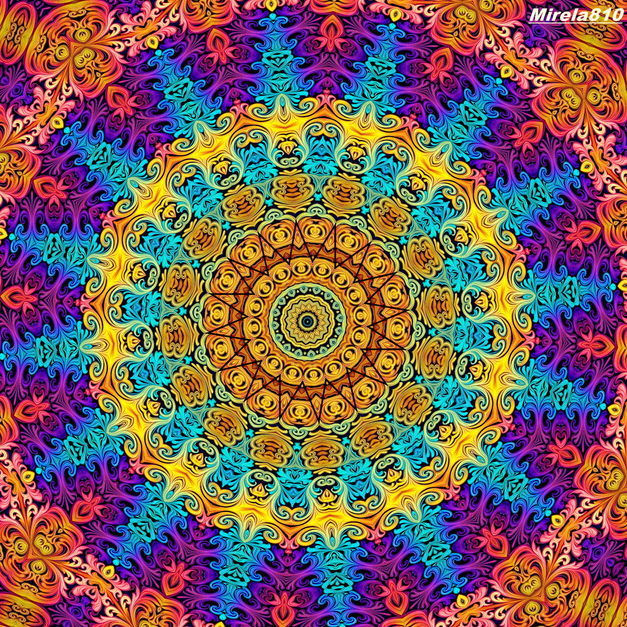 Vibrant rainbow mandala with intricate symmetrical patterns radiating from golden center through turquoise to purple edges