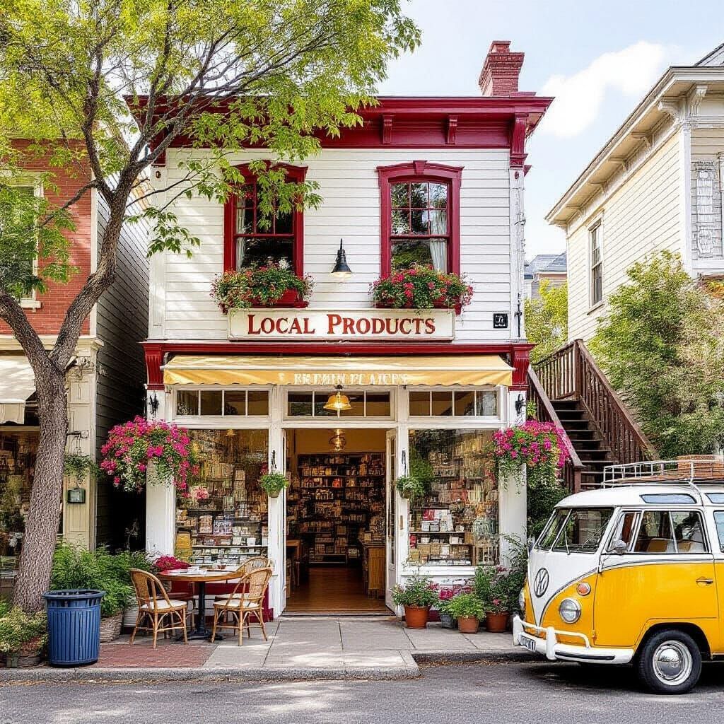 Charming local products shop with flowers, books, and a yellow vintage van in front