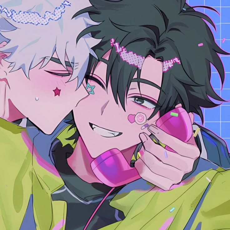 Anime character with dark hair smiling while holding pink phone