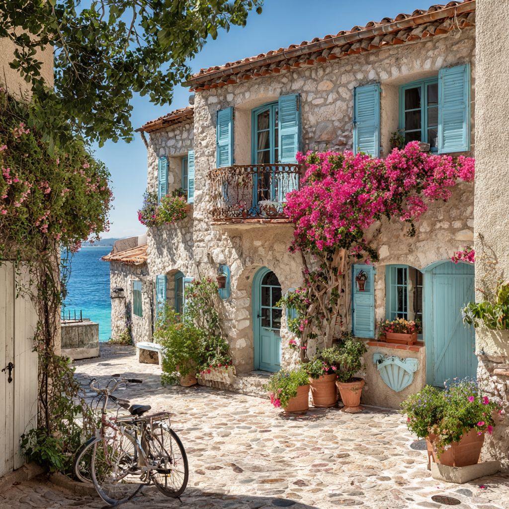 Stone Mediterranean house with blue shutters, pink flowers, and sea view