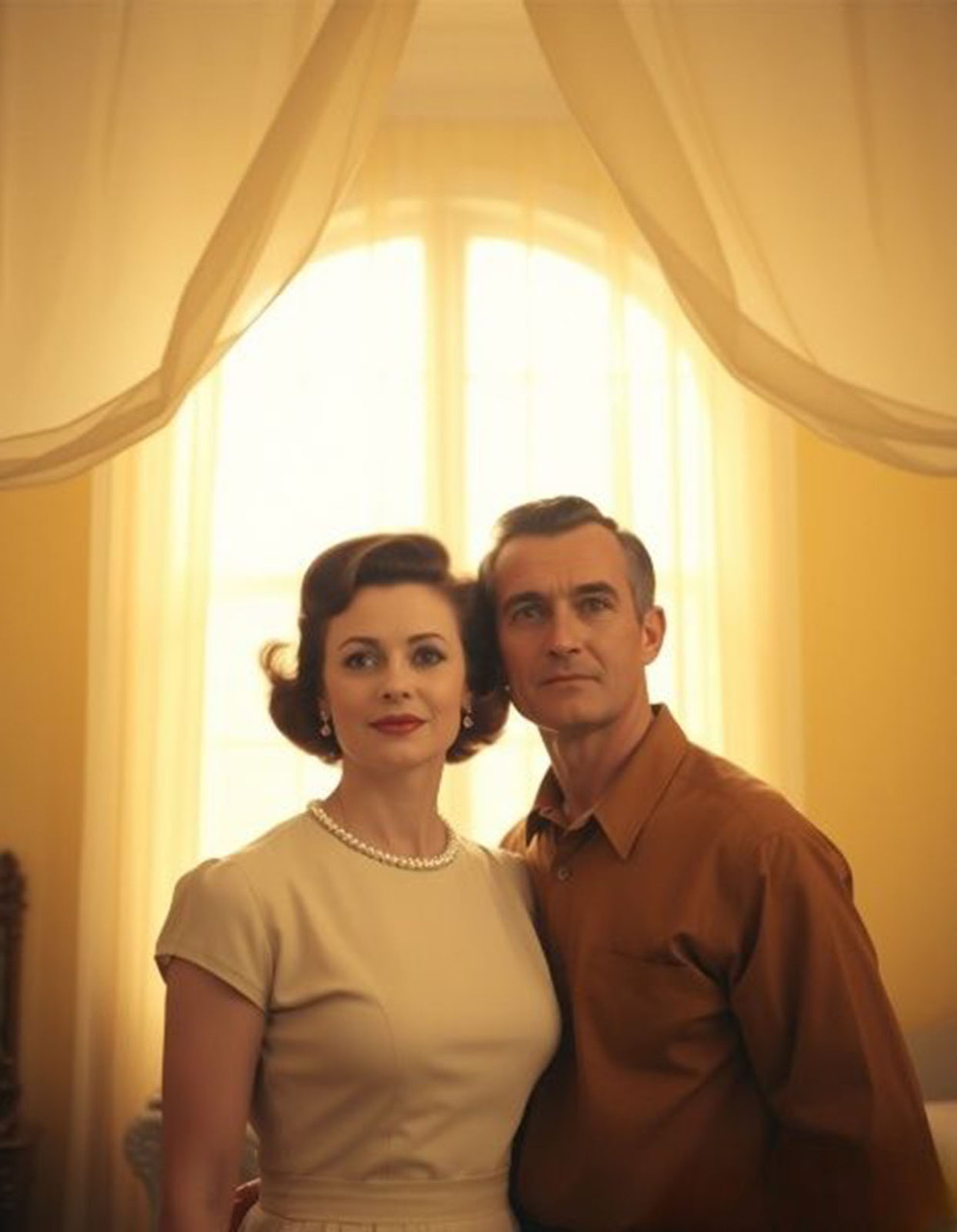 Vintage portrait of a couple standing together indoors with sheer curtains and warm lighting