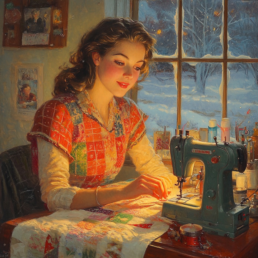 Woman in orange vest sewing at machine by winter window in warm-lit room