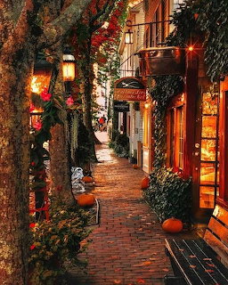 Cozy brick alley with shops, glowing lights, autumn leaves, and pumpkins at twilight