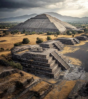 Ancient pyramid and stepped stone ruins in a dry landscape under dark clouds