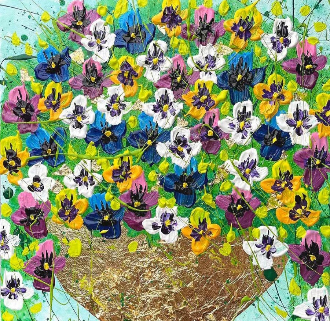 Colorful Pansies in Vase