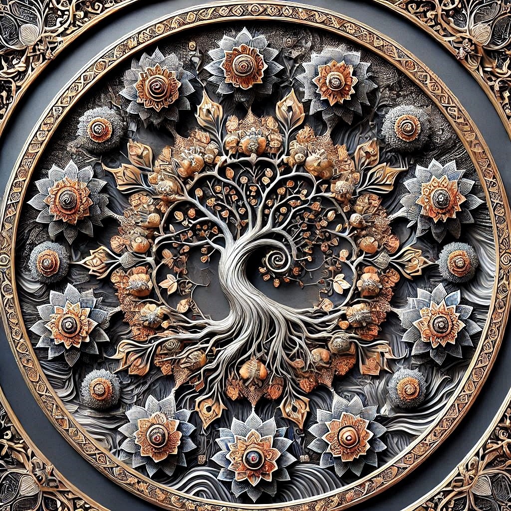 Ornate circular mandala with stylized tree of life, floral motifs, and decorative border in bronze, black, and cream tones