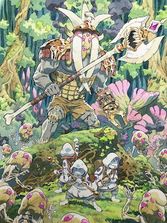 Fantasy warrior on armored creature in colorful magical forest with small characters and pink flowers