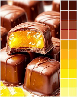 Close-up of chocolate bonbons with caramel filling arranged in rows