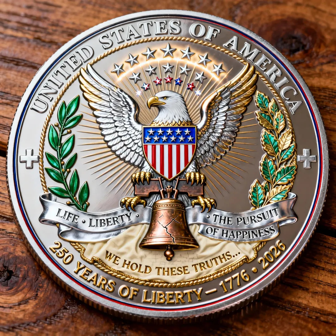 Commemorative coin with American eagle, shield, and Liberty Bell on wooden surface