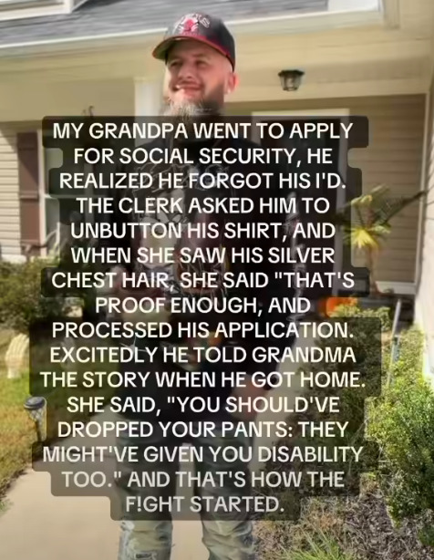 Bearded man in red cap standing outside a house with a funny grandpa joke text overlay