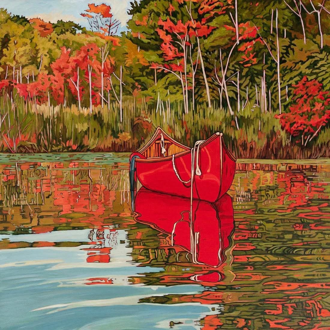 Red canoe on calm water with autumn trees and reflections in a painted lakeside scene