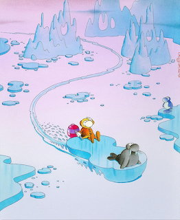 Cartoon penguins on floating ice in a pastel snowy landscape with icy mountains