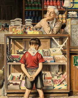 Boy in red shirt choosing candy at an old-fashioned candy shop counter with elderly shopkeeper leaning over