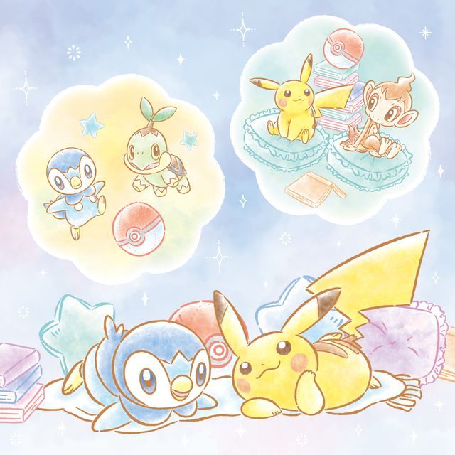 Cute Pokemon characters sleeping with dreamy thought bubbles containing Pikachu and other Pokemon in soft pastel watercolor style