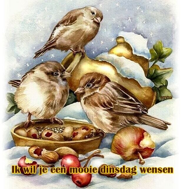Illustration of three sparrows by a bowl of berries in a snowy winter scene with apples and a teapot