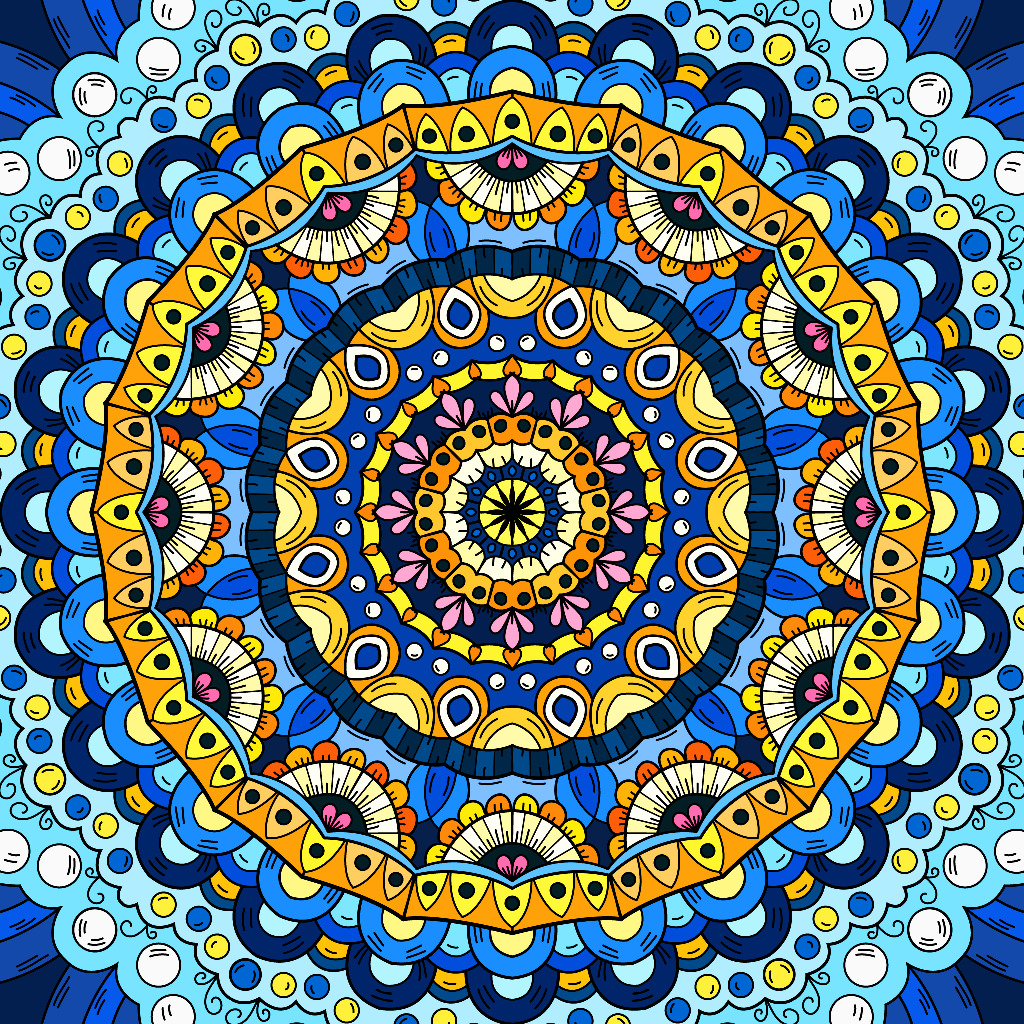 Colorful mandala with concentric blue, orange, and yellow geometric patterns in radial symmetry