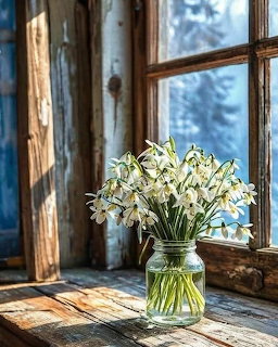 White snowdrops in a glass jar on a rustic wooden windowsill by an old sunlit window