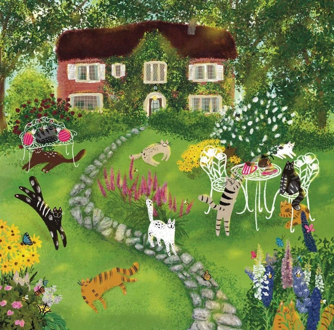 Colorful cottage garden illustration with flowers, stone path, and animals on a green lawn