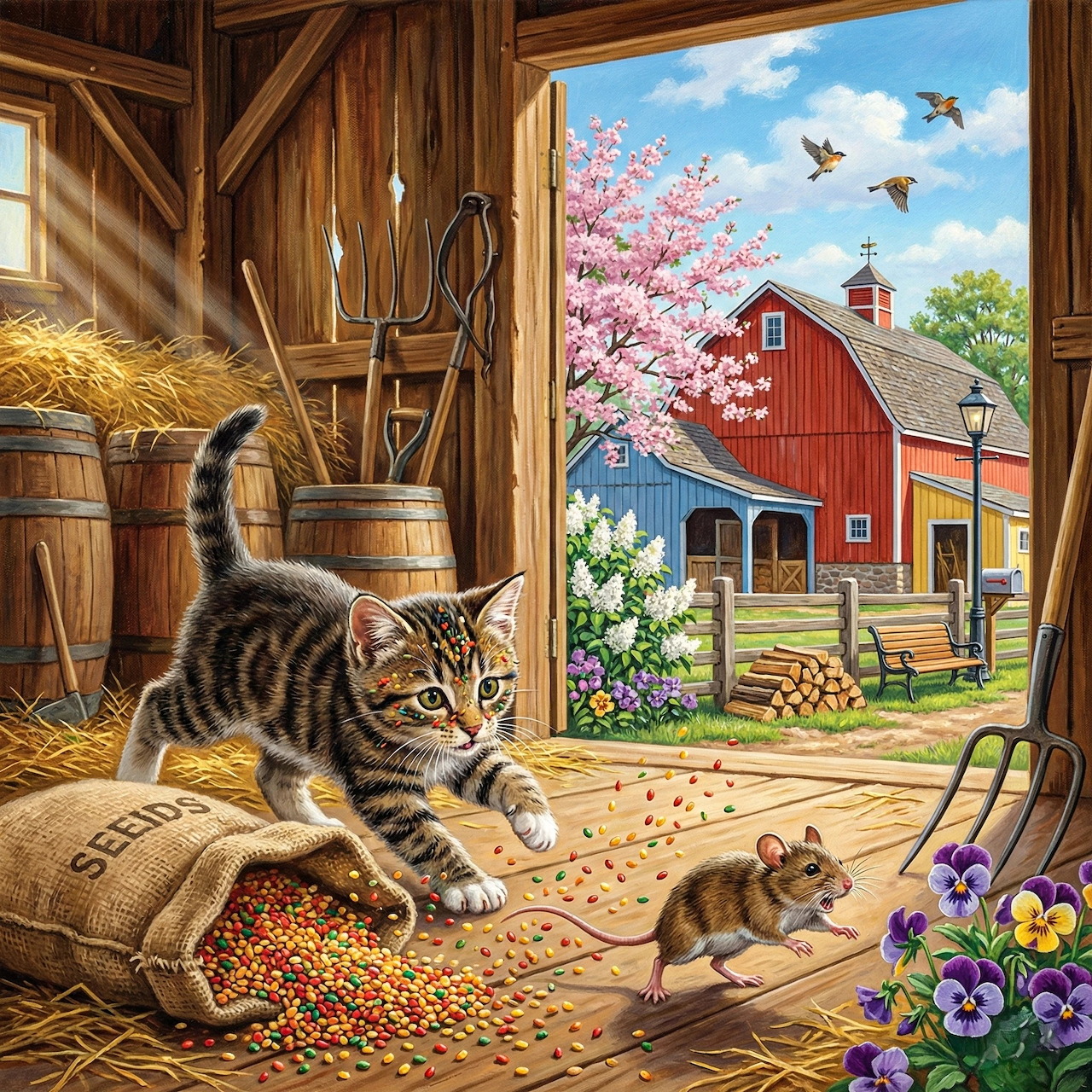 Tabby cat chasing mouse in barn with red farmhouse and spring flowers outside