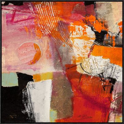 Abstract painting with vibrant orange, pink, red, and beige geometric shapes and expressive brushstrokes