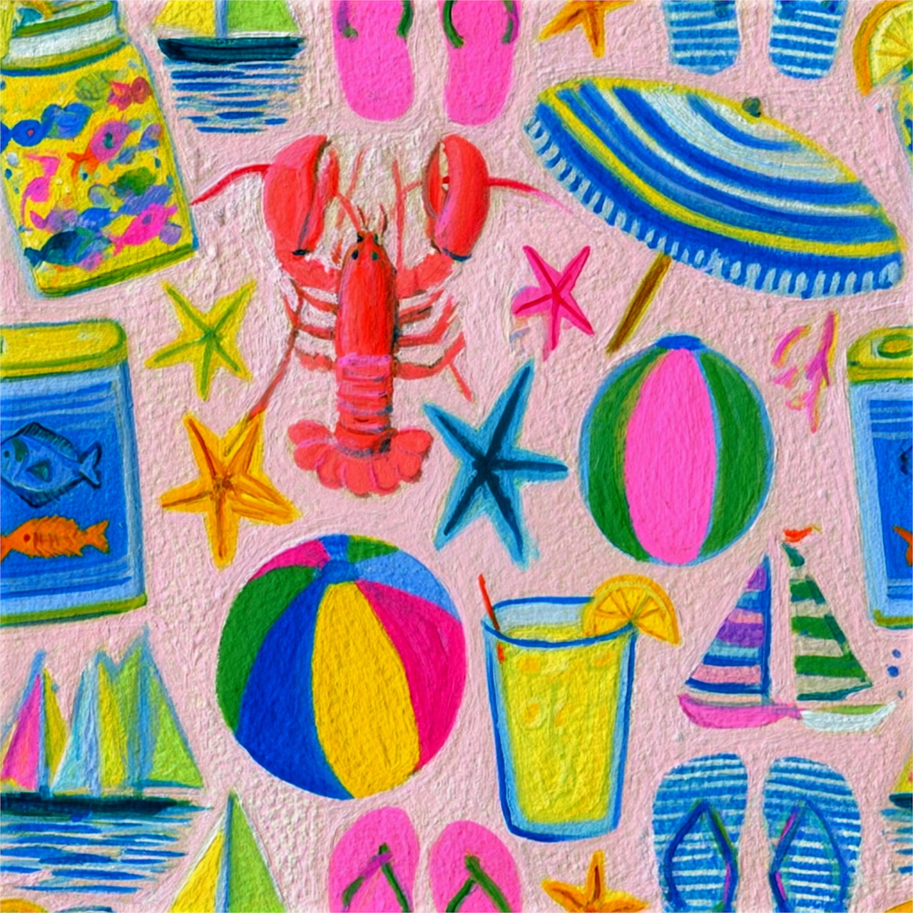 Bright pattern of beach items including balls, umbrellas, starfish, lobster, and sailboats on pink