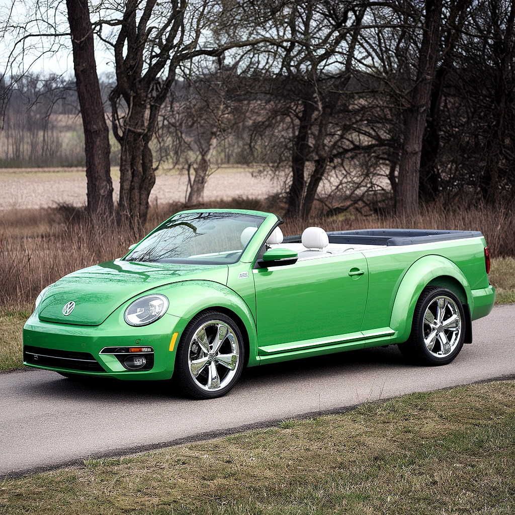 Green VW Beetle convertible on country road with winter trees