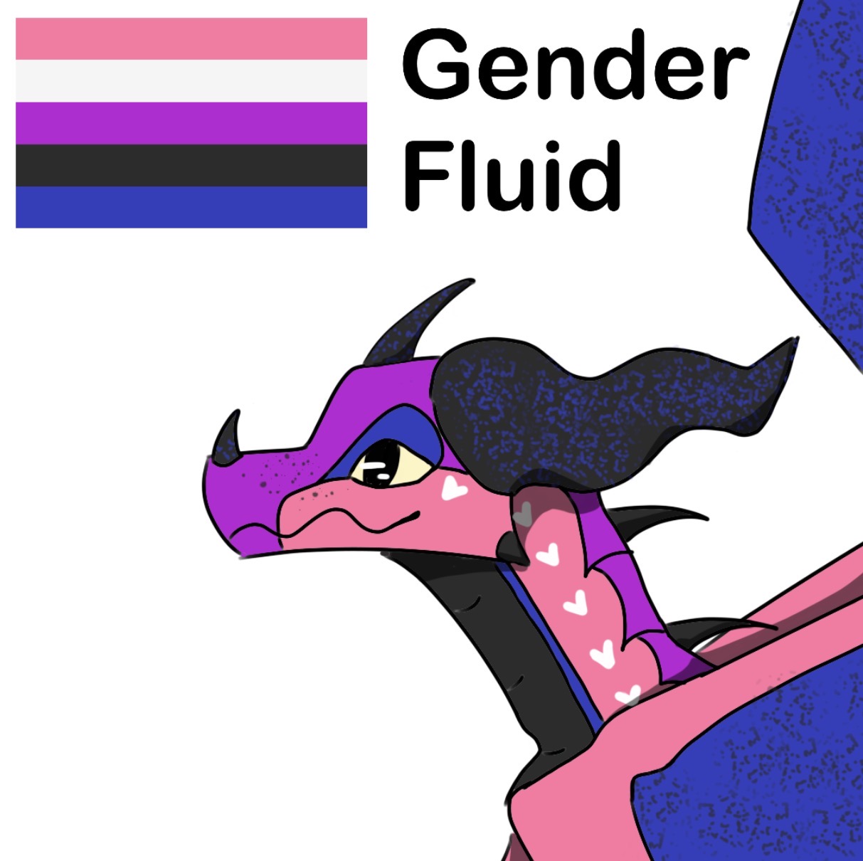 Pink and purple dragon illustration next to a genderfluid pride flag on a white background