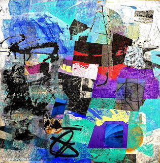 Abstract mixed media collage with layered shapes, torn paper, and vibrant blue, purple, and turquoise colors