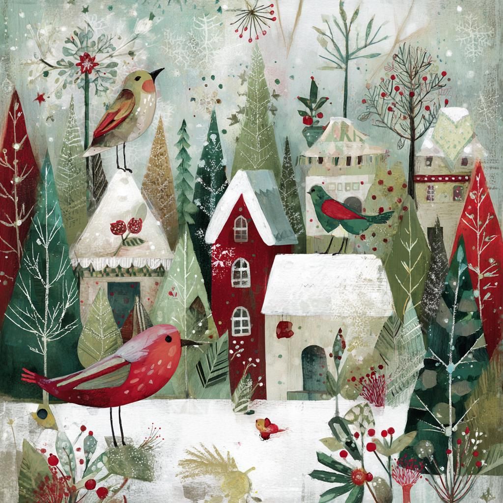 Whimsical winter illustration with red birds, snowy houses, and decorative trees