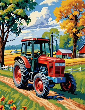 Red tractor on rural dirt road with autumn trees and farm buildings in background