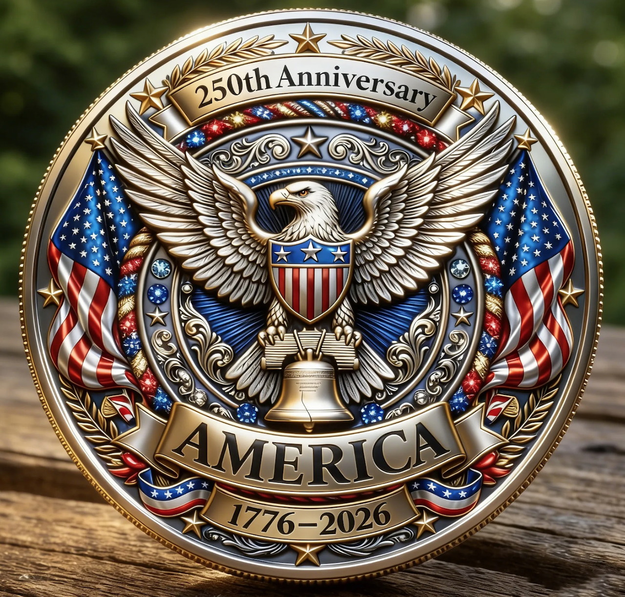 Round commemorative America coin with eagle, stars, shield, and American flags