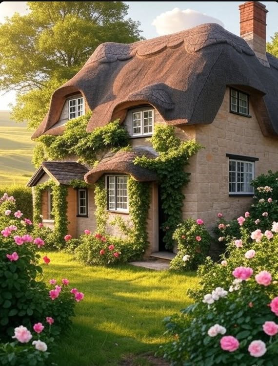 Thatched cottage house with pink roses and a sunny garden