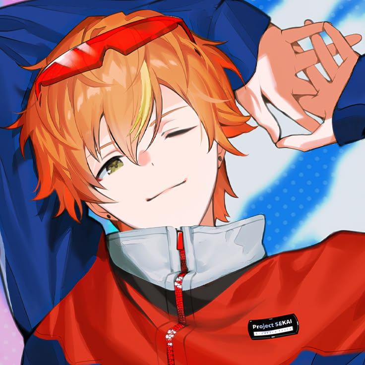 Anime boy Akito Shinonome winking in a red and blue jacket with orange hair