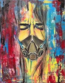 Abstract painting of a face in a gas mask with vibrant red, blue, and yellow paint strokes