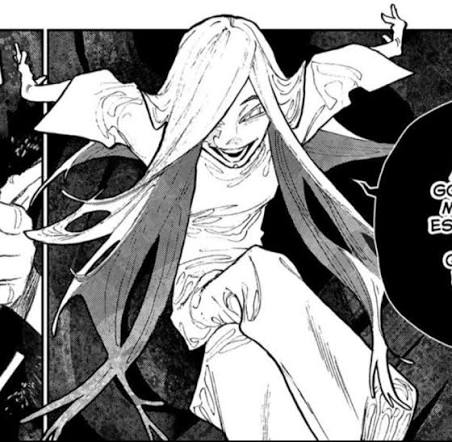 Black and white manga panel of a grinning long-haired witch with outstretched hands in darkness