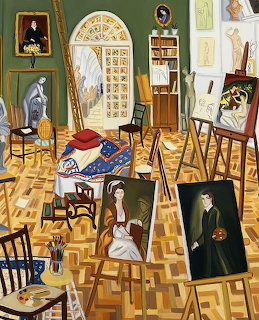 Painting of an artist studio with multiple easels, canvases, portraits, and art supplies on a parquet floor