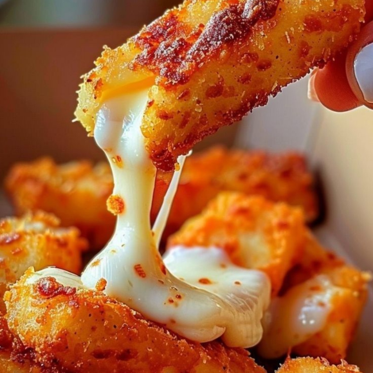 Close-up of crispy cheese sticks with gooey melted mozzarella stretching