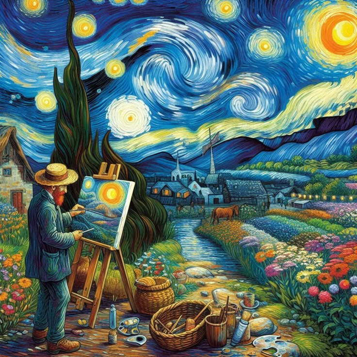 Artist at easel painting swirling starry night sky over village with cypress tree and glowing moon