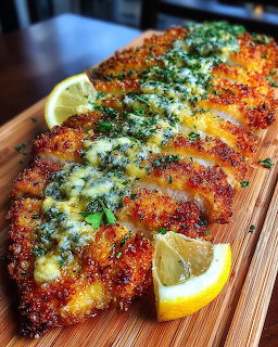Breaded crispy cutlets with herbs, grated cheese, and lemon wedges on a wooden board
