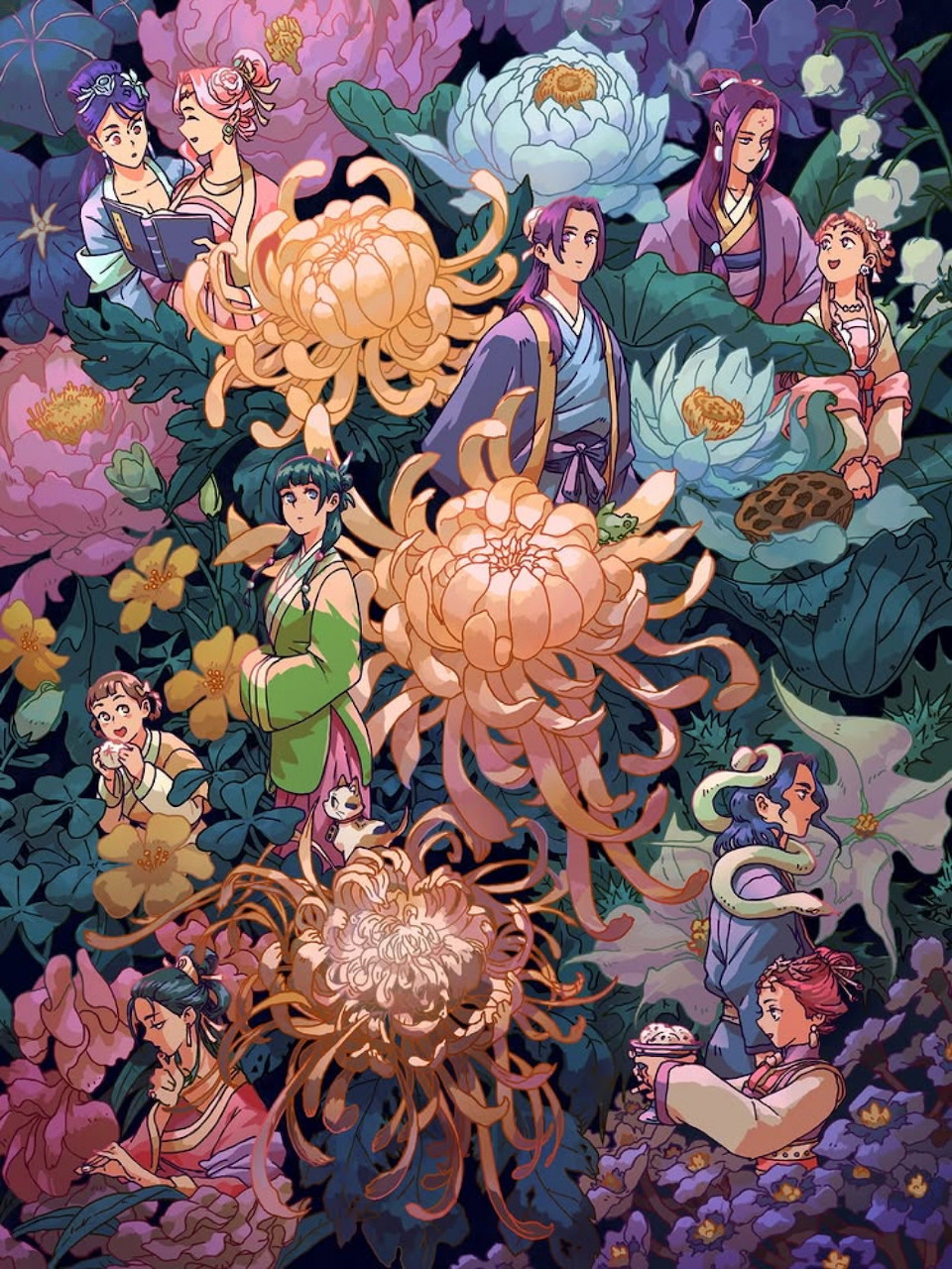 Anime characters among oversized chrysanthemums and colorful flowers in a magical garden setting