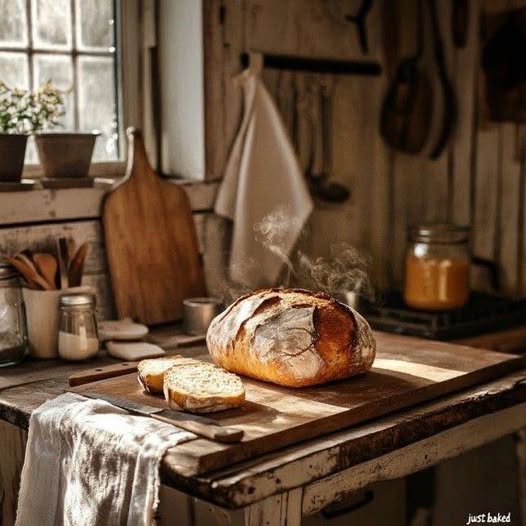 Round loaf of artisan bread with slices on wooden board in rustic kitchen
