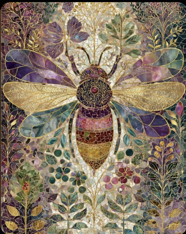 Stylized mosaic bee with gold wings surrounded by leaves and flowers