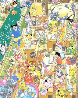 Whimsical illustration of Pikachu and Pokémon characters creating art in a cluttered, colorful studio workspace